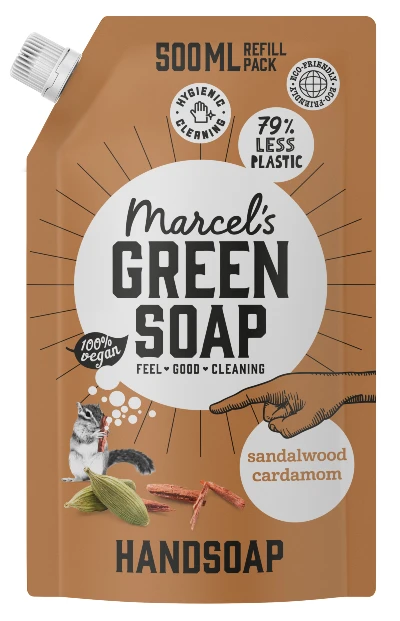 Marcel's Green Soap navulling Handzeep Sandalwood & Cardamom (500ml)_ KOKOTOKO Oosterstraat Groningen, duurzame kledingmerken, eerlijke kleding, vegan mode, fair trade, online webshop, fair fashion, happy stuff