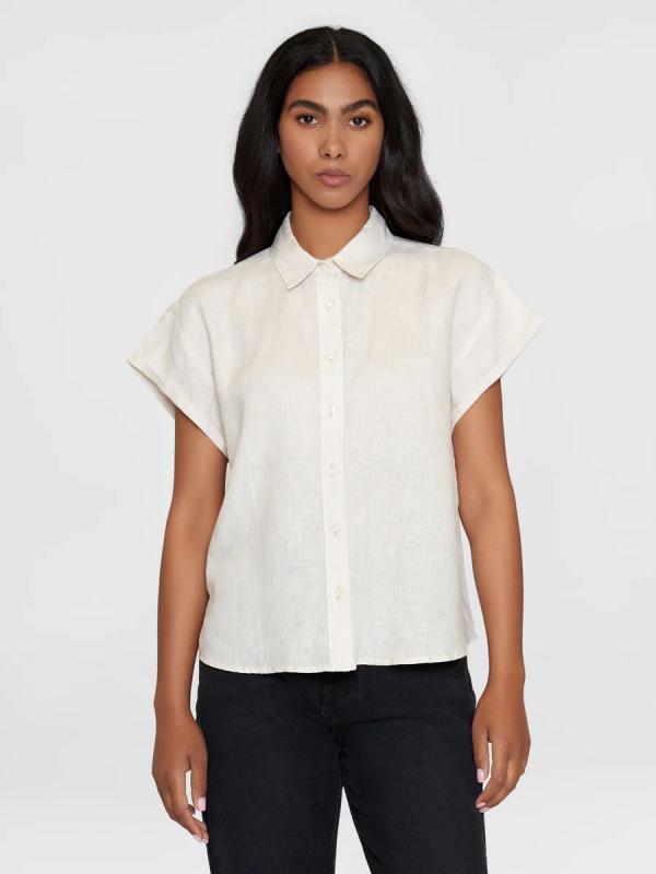 Knowledgecotton Apparel - Aster Fold Up Short Sleeve linen Shirt - Light Feather Grey