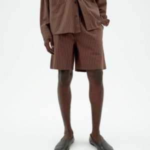 Thinking Mu - Brown Stripes Henry Shorts - Brown
