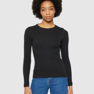 KnowledgeCotton Apparel - Rib Scoop Neck Long Sleeved - Black Jet