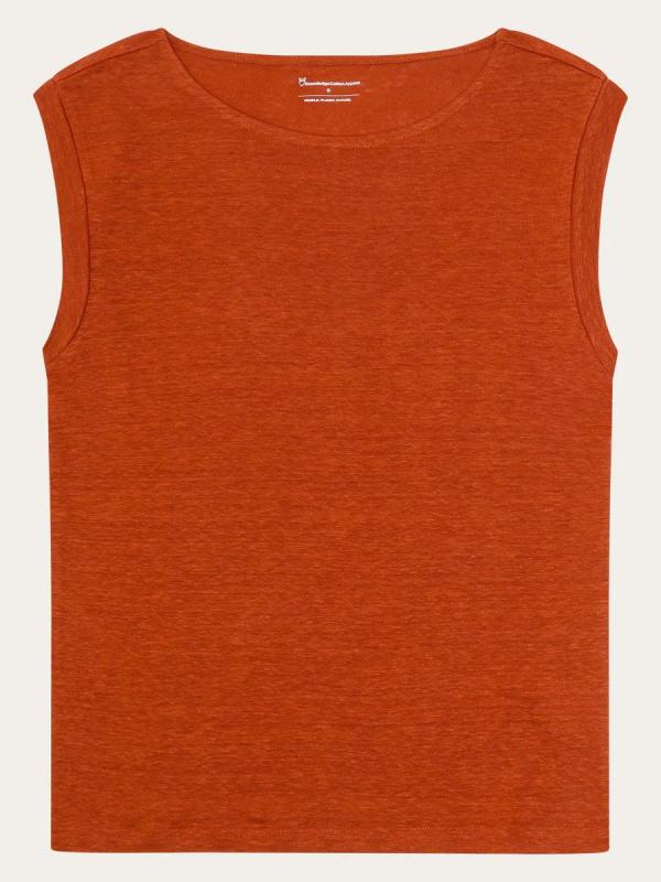 KnowledgeCotton Apparel - Loose Fold Up Linen T-shirt - Burnt Brick